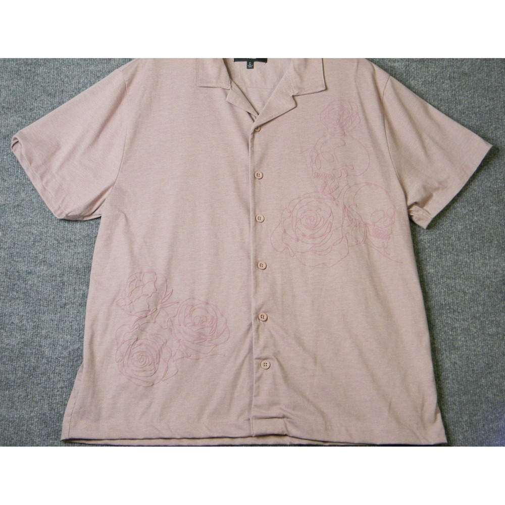 Vox Populi Pink Skull Rose Camp Shirt Men's Large Button Up Casual Goth